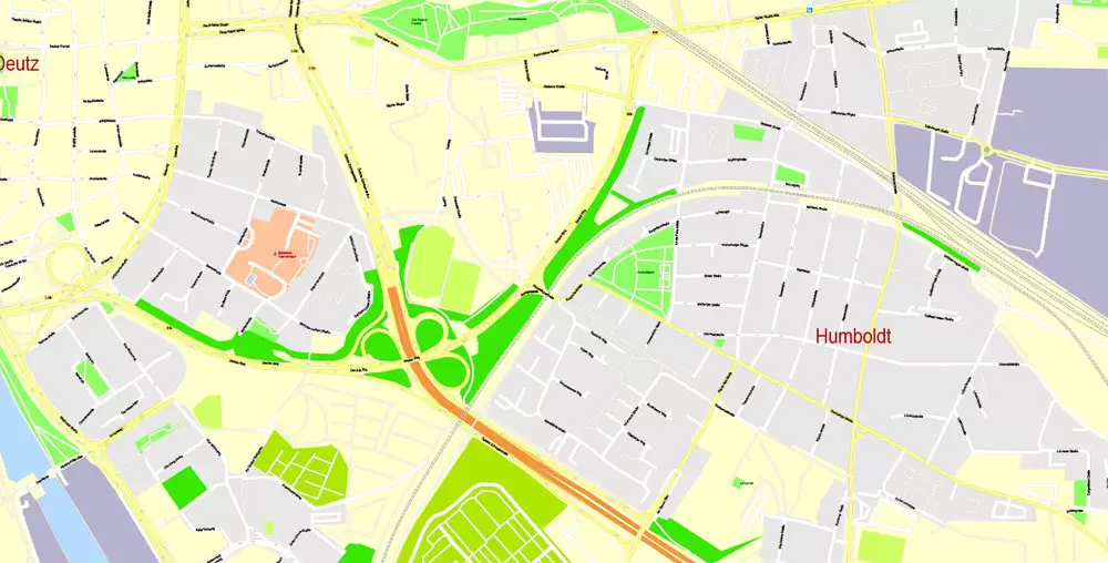 Printable Vector Map Cologne Köln, Germany, G-View level 17 (100 m scale) street City Plan map, full editable, Adobe Illustrator
