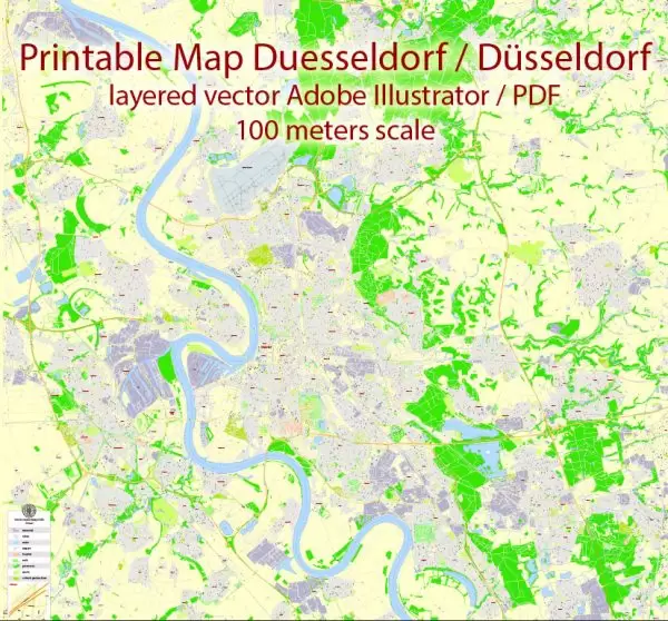 Printable Vector Map Dusseldorf, Germany, G-View level 17 (100 m scale) street City Plan map, full editable, Adobe Illustrator