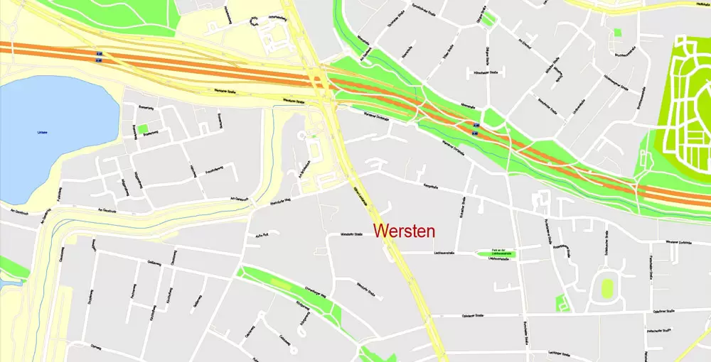 Printable Vector Map Dusseldorf, Germany, G-View level 17 (100 m scale) street City Plan map, full editable, Adobe Illustrator