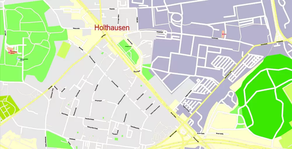 Printable Vector Map Dusseldorf, Germany, G-View level 17 (100 m scale) street City Plan map, full editable, Adobe Illustrator