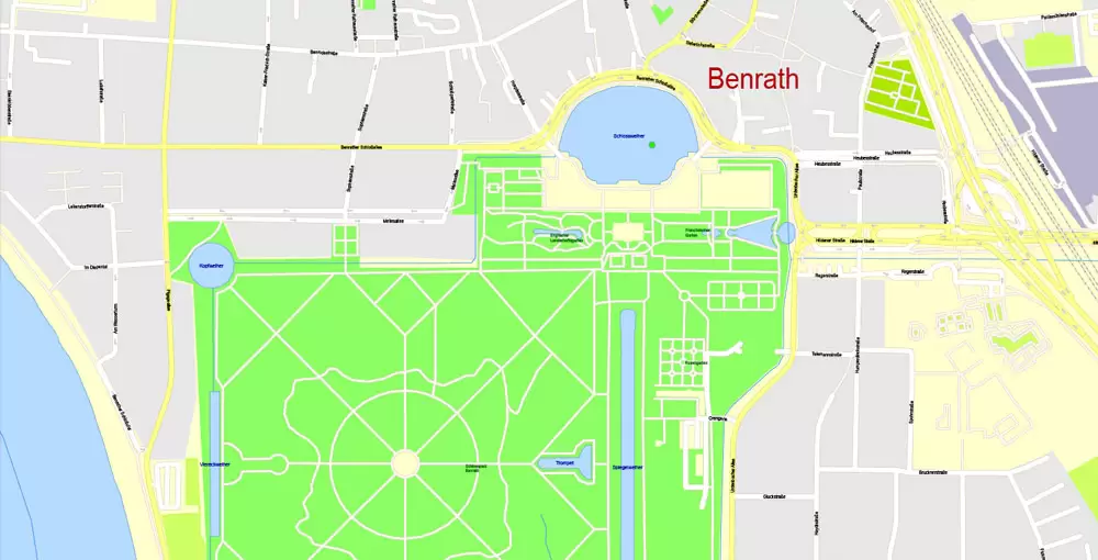 Printable Vector Map Dusseldorf, Germany, G-View level 17 (100 m scale) street City Plan map, full editable, Adobe Illustrator