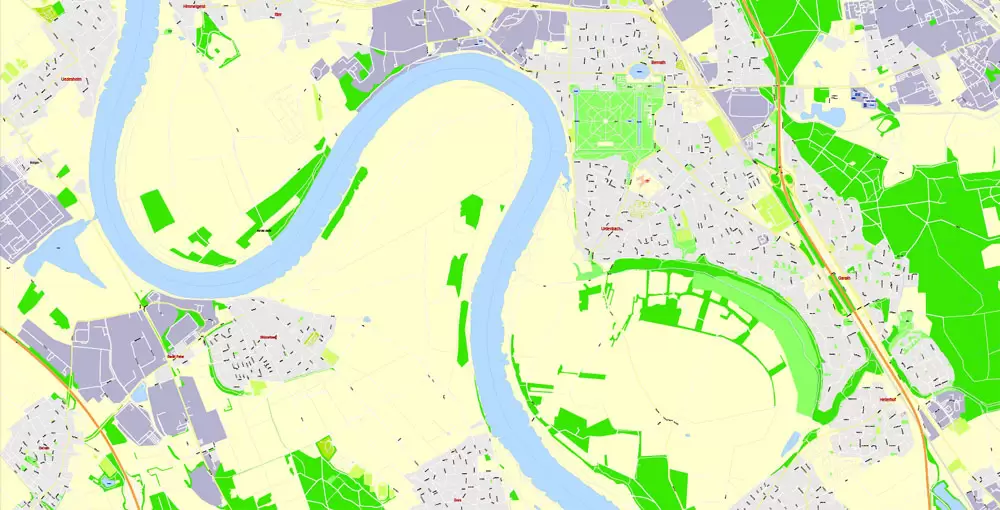 Printable Vector Map Dusseldorf, Germany, G-View level 17 (100 m scale) street City Plan map, full editable, Adobe Illustrator