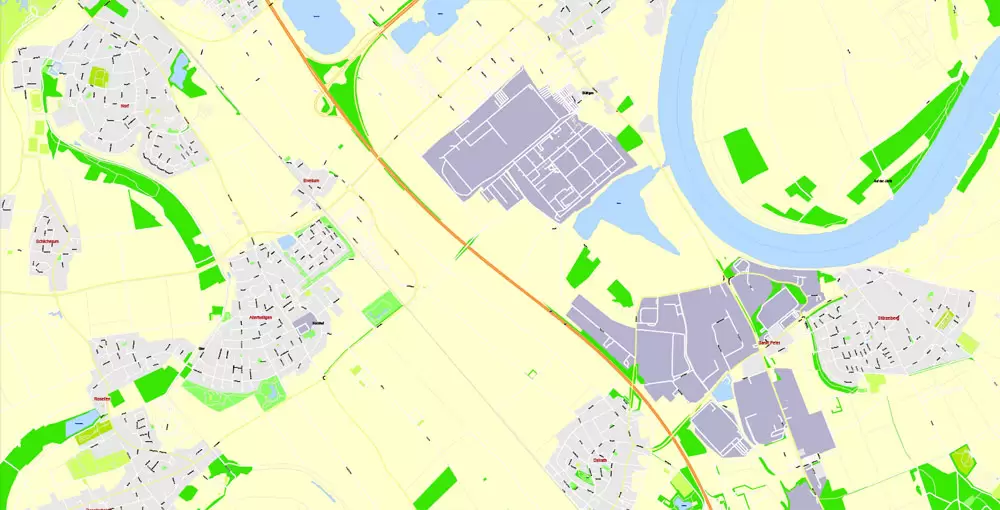 Printable Vector Map Dusseldorf, Germany, G-View level 17 (100 m scale) street City Plan map, full editable, Adobe Illustrator
