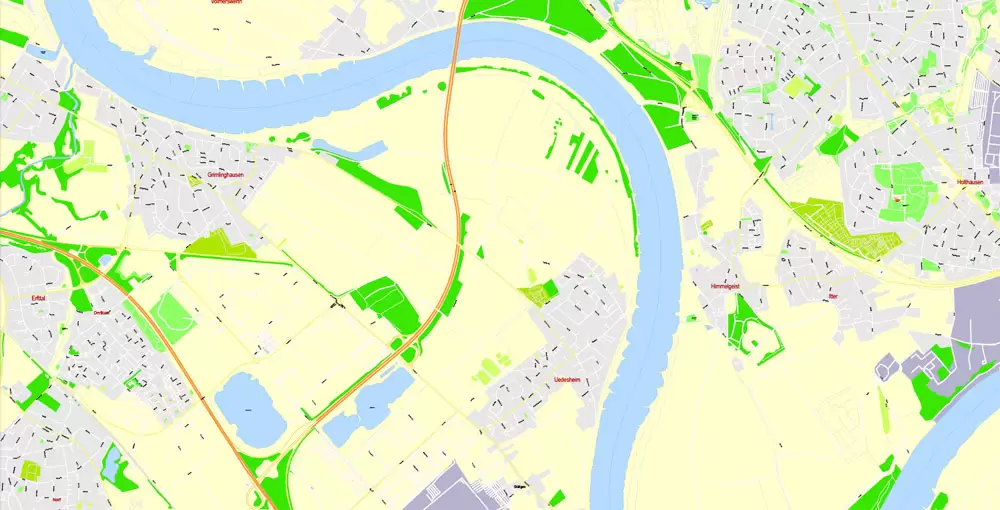 Printable Vector Map Dusseldorf, Germany, G-View level 17 (100 m scale) street City Plan map, full editable, Adobe Illustrator