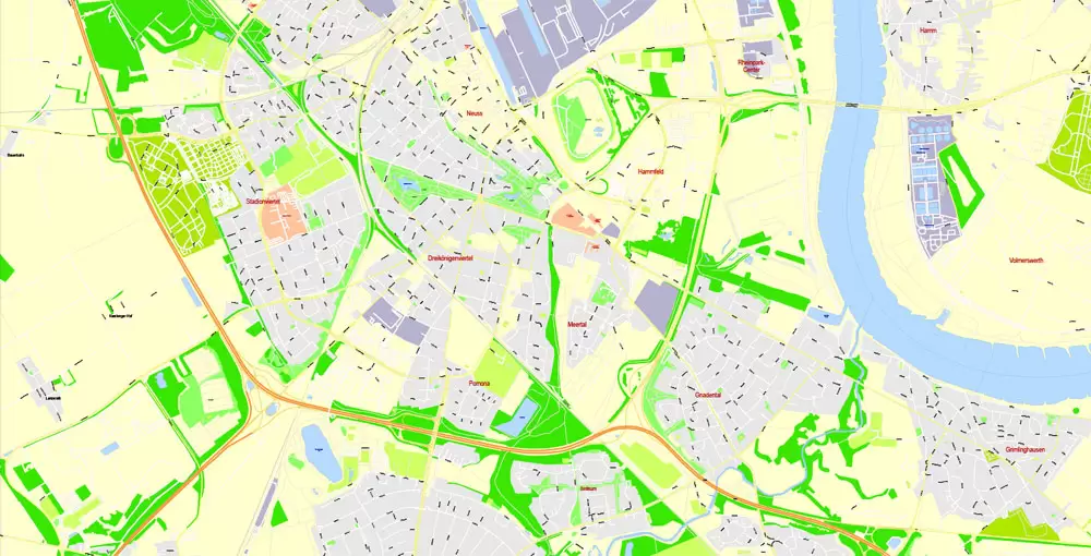 Printable Vector Map Dusseldorf, Germany, G-View level 17 (100 m scale) street City Plan map, full editable, Adobe Illustrator