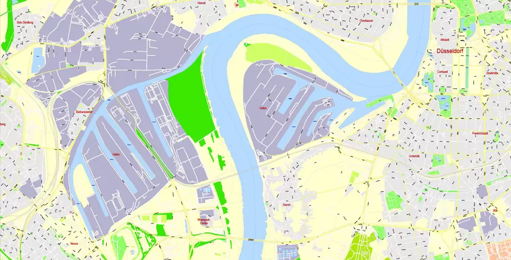 Printable Vector Map Dusseldorf, Germany, G-View level 17 (100 m scale) street City Plan map, full editable, Adobe Illustrator