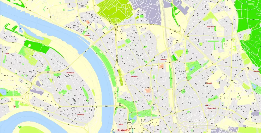 Printable Vector Map Dusseldorf, Germany, G-View level 17 (100 m scale) street City Plan map, full editable, Adobe Illustrator