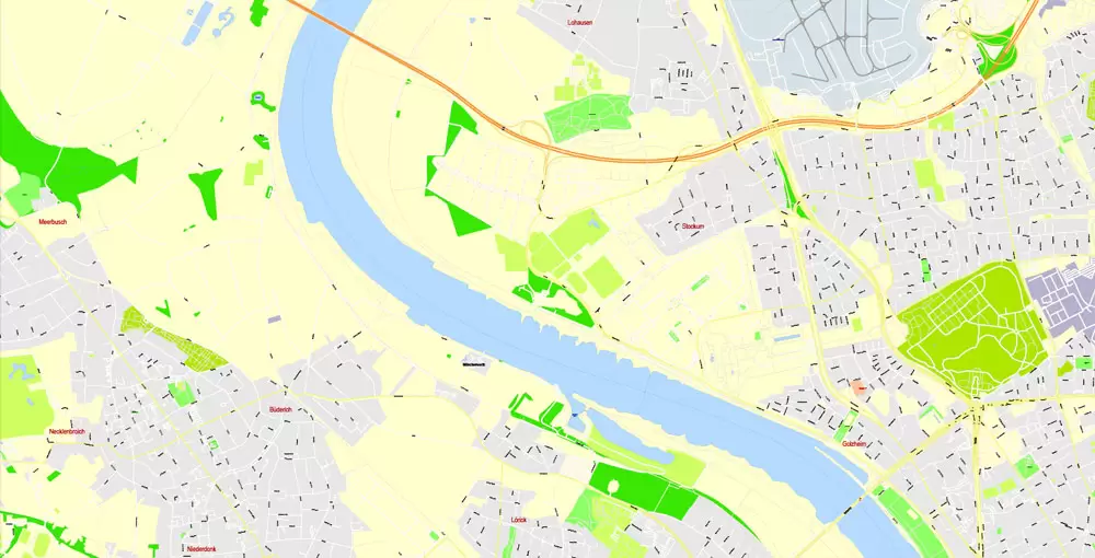 Printable Vector Map Dusseldorf, Germany, G-View level 17 (100 m scale) street City Plan map, full editable, Adobe Illustrator