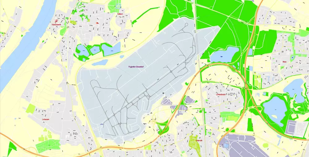 Printable Vector Map Dusseldorf, Germany, G-View level 17 (100 m scale) street City Plan map, full editable, Adobe Illustrator