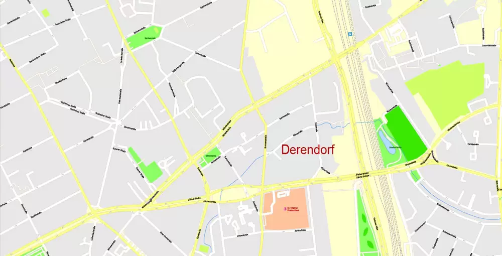 Printable Vector Map Dusseldorf, Germany, G-View level 17 (100 m scale) street City Plan map, full editable, Adobe Illustrator