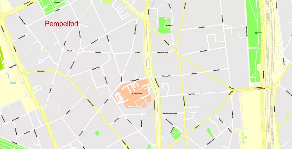 Printable Vector Map Dusseldorf, Germany, G-View level 17 (100 m scale) street City Plan map, full editable, Adobe Illustrator