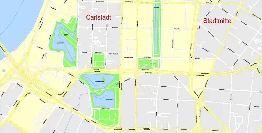 Printable Vector Map Dusseldorf, Germany, G-View level 17 (100 m scale) street City Plan map, full editable, Adobe Illustrator
