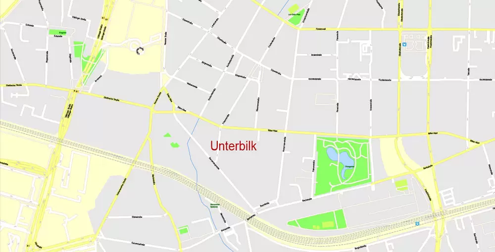 Printable Vector Map Dusseldorf, Germany, G-View level 17 (100 m scale) street City Plan map, full editable, Adobe Illustrator
