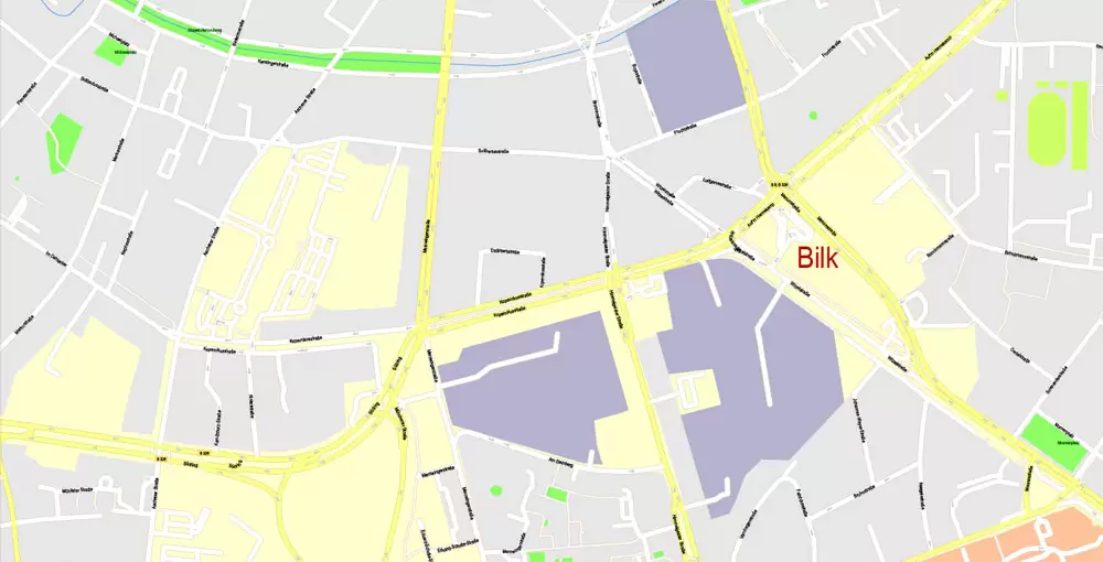 Printable Vector Map Dusseldorf, Germany, G-View level 17 (100 m scale) street City Plan map, full editable, Adobe Illustrator