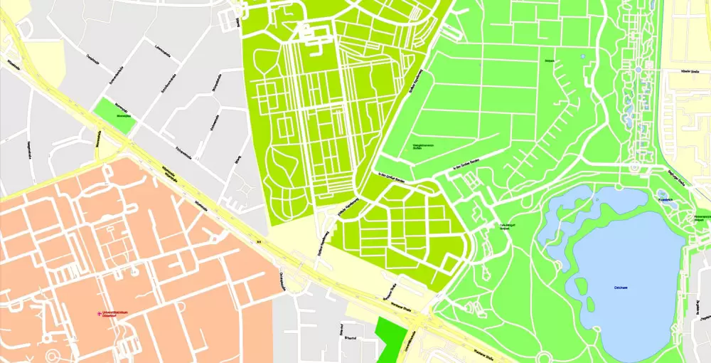 Printable Vector Map Dusseldorf, Germany, G-View level 17 (100 m scale) street City Plan map, full editable, Adobe Illustrator
