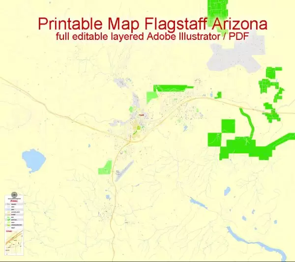 Printable Map Flagstaff, Arizona, US, exact vector Map street G-View City Plan Level 17 (100 meters scale) full editable, Adobe Illustrator