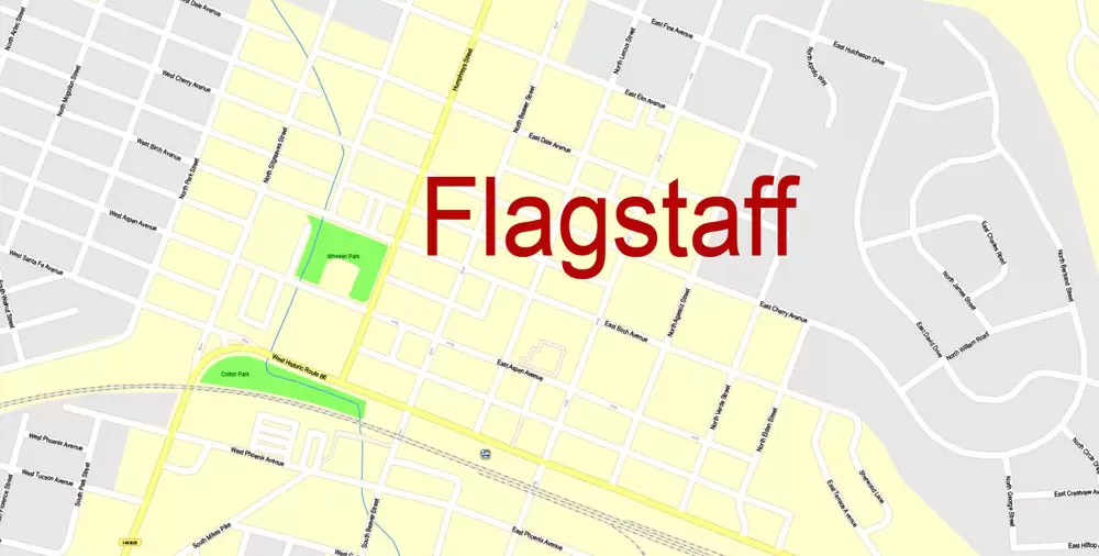 Printable Map Flagstaff, Arizona, US, exact vector Map street G-View City Plan Level 17 (100 meters scale) full editable, Adobe Illustrator