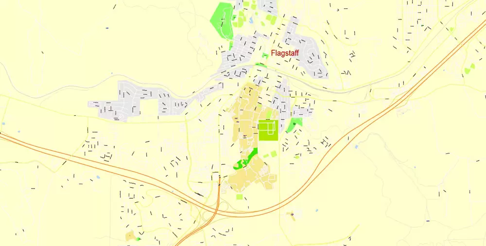 Printable Map Flagstaff, Arizona, US, exact vector Map street G-View City Plan Level 17 (100 meters scale) full editable, Adobe Illustrator