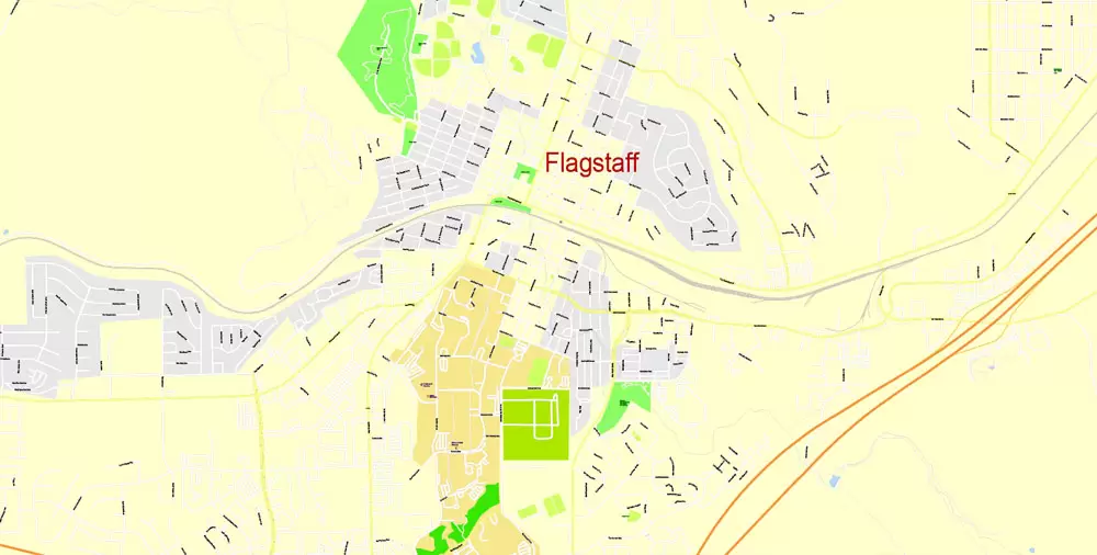 Printable Map Flagstaff, Arizona, US, exact vector Map street G-View City Plan Level 17 (100 meters scale) full editable, Adobe Illustrator