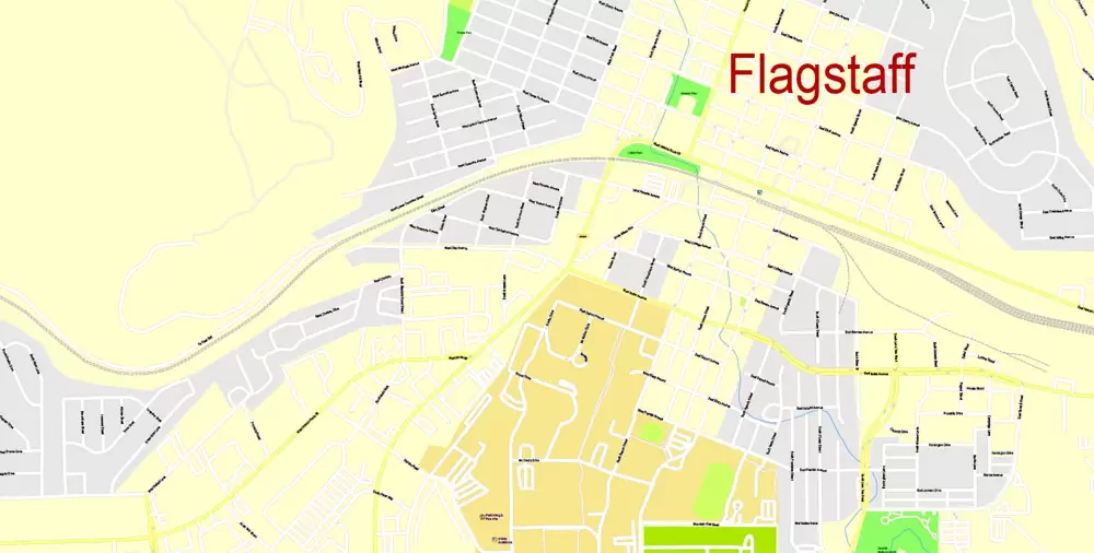 Printable Map Flagstaff, Arizona, US, exact vector Map street G-View City Plan Level 17 (100 meters scale) full editable, Adobe Illustrator