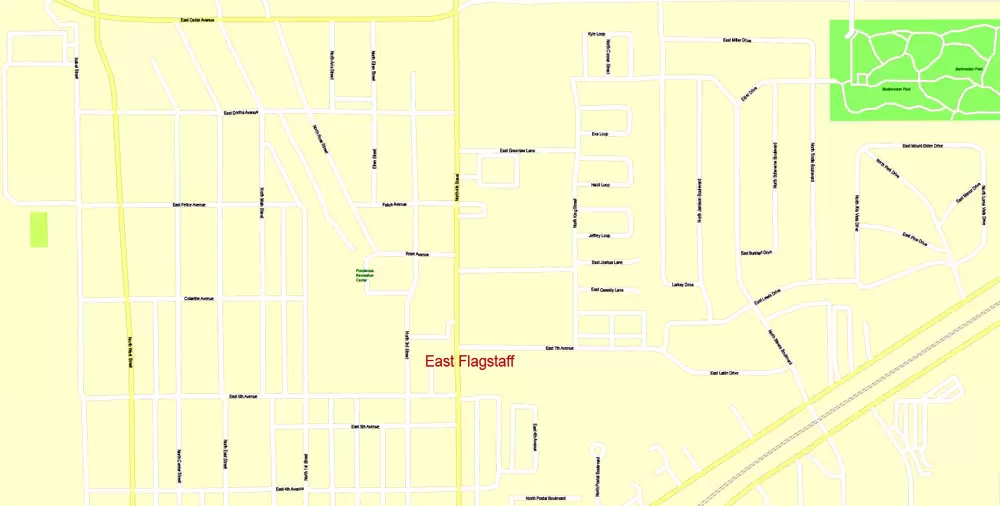 Printable Map Flagstaff, Arizona, US, exact vector Map street G-View City Plan Level 17 (100 meters scale) full editable, Adobe Illustrator