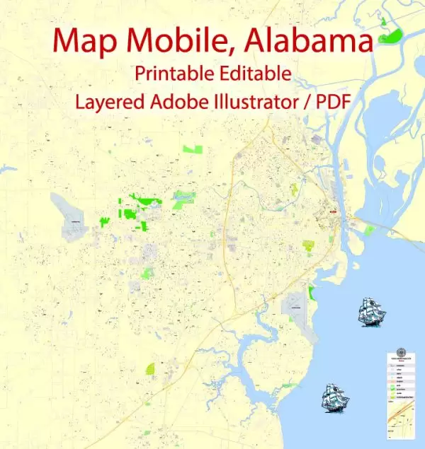 Printable Map Mobile, Alabama, US, exact vector Map street G-View City Plan Level 17 (100 meters scale) full editable, Adobe Illustrator