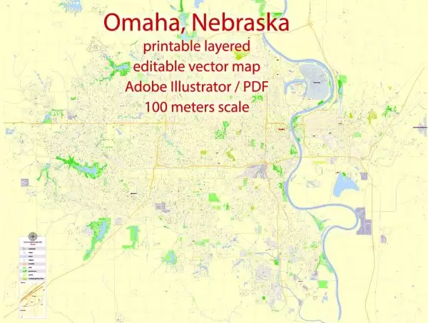Printable Map Omaha, Nebraska, US, exact vector Map street G-View City Plan Level 17 (100 meters scale) full editable, Adobe Illustrator