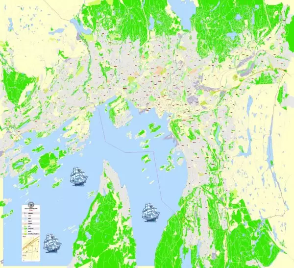 Printable Vector Map Oslo, Norway, G-View level 17 (100 m scale) street City Plan map, full editable, Adobe Illustrator