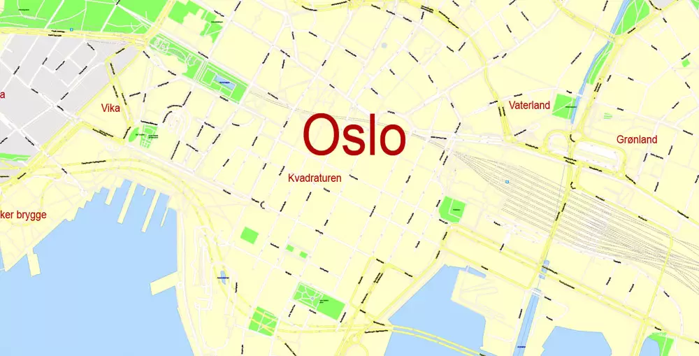 Printable Vector Map Oslo, Norway, G-View level 17 (100 m scale) street City Plan map, full editable, Adobe Illustrator