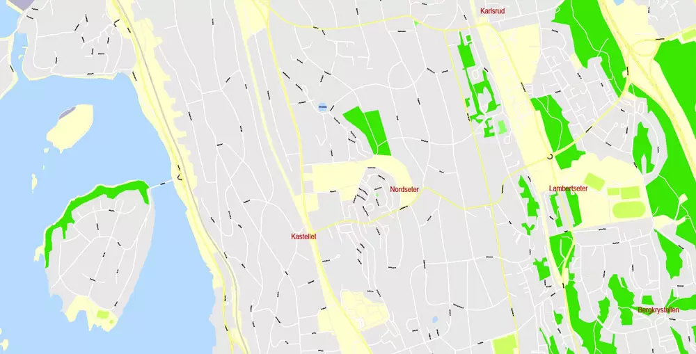 Printable Vector Map Oslo, Norway, G-View level 17 (100 m scale) street City Plan map, full editable, Adobe Illustrator