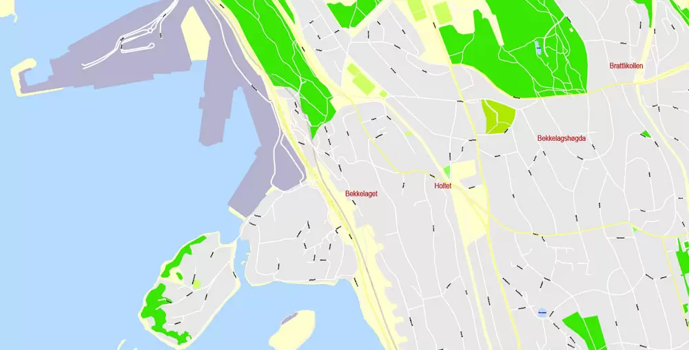 Printable Vector Map Oslo, Norway, G-View level 17 (100 m scale) street City Plan map, full editable, Adobe Illustrator