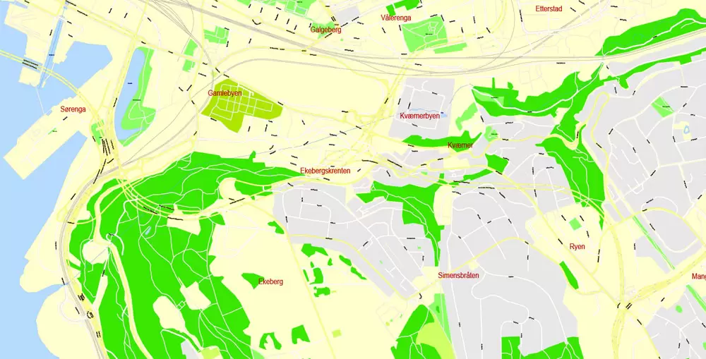 Printable Vector Map Oslo, Norway, G-View level 17 (100 m scale) street City Plan map, full editable, Adobe Illustrator