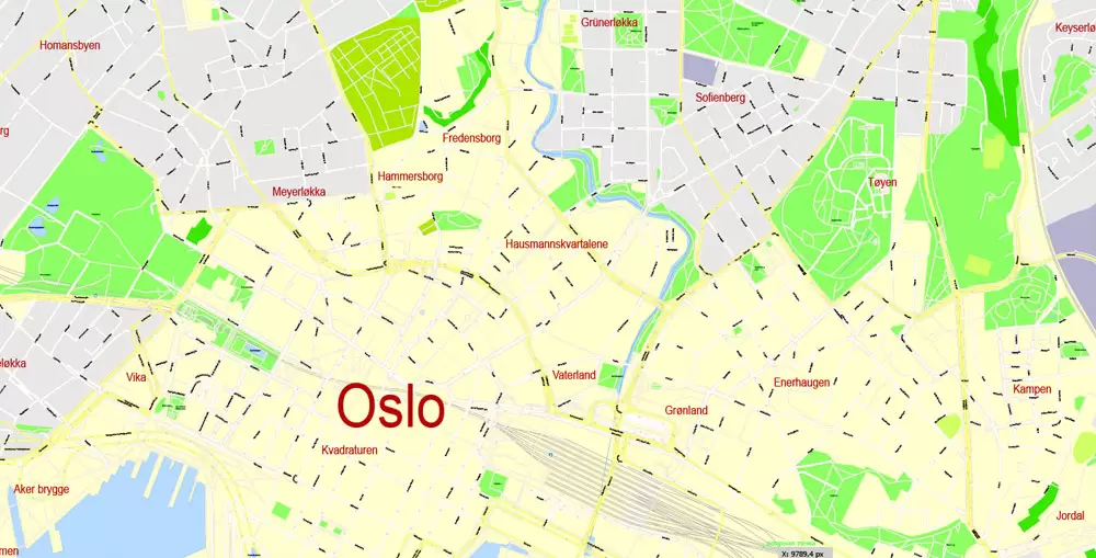 Printable Vector Map Oslo, Norway, G-View level 17 (100 m scale) street City Plan map, full editable, Adobe Illustrator