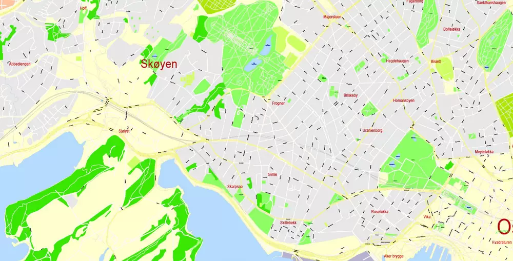 Printable Vector Map Oslo, Norway, G-View level 17 (100 m scale) street City Plan map, full editable, Adobe Illustrator