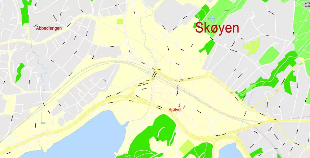 Printable Vector Map Oslo, Norway, G-View level 17 (100 m scale) street City Plan map, full editable, Adobe Illustrator