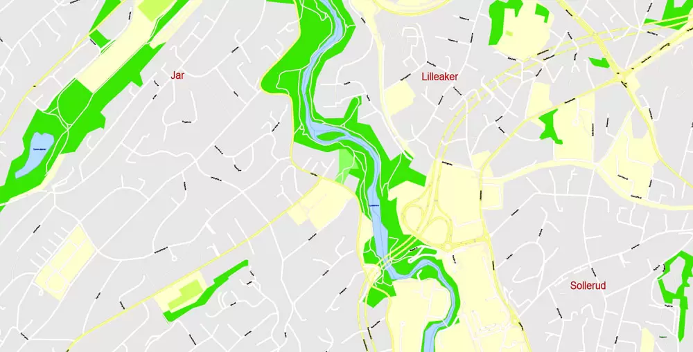 Printable Vector Map Oslo, Norway, G-View level 17 (100 m scale) street City Plan map, full editable, Adobe Illustrator