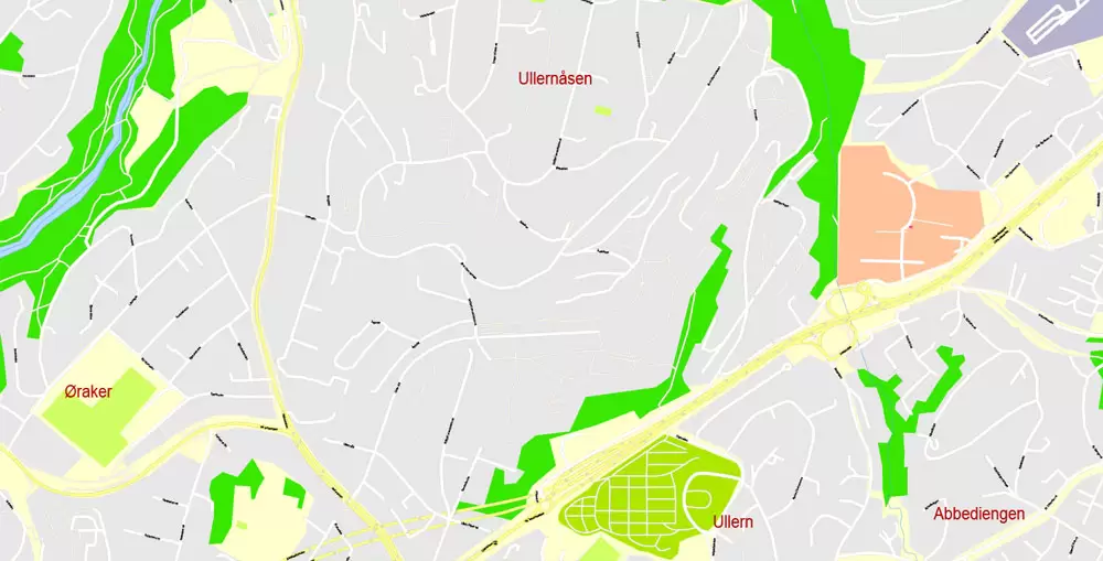 Printable Vector Map Oslo, Norway, G-View level 17 (100 m scale) street City Plan map, full editable, Adobe Illustrator