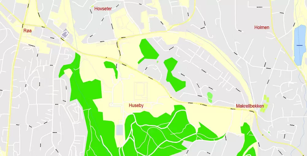 Printable Vector Map Oslo, Norway, G-View level 17 (100 m scale) street City Plan map, full editable, Adobe Illustrator