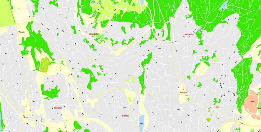 Printable Vector Map Oslo, Norway, G-View level 17 (100 m scale) street City Plan map, full editable, Adobe Illustrator
