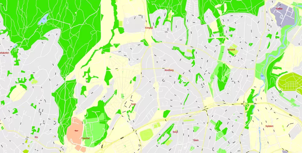 Printable Vector Map Oslo, Norway, G-View level 17 (100 m scale) street City Plan map, full editable, Adobe Illustrator