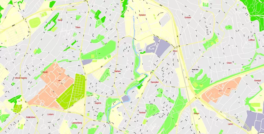 Printable Vector Map Oslo, Norway, G-View level 17 (100 m scale) street City Plan map, full editable, Adobe Illustrator