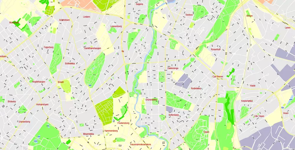 Printable Vector Map Oslo, Norway, G-View level 17 (100 m scale) street City Plan map, full editable, Adobe Illustrator