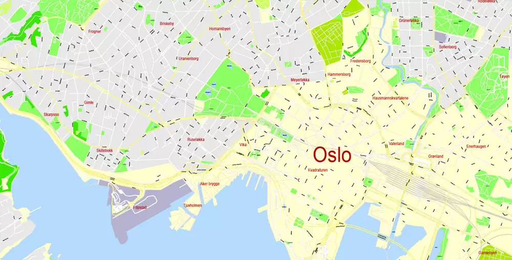 Printable Vector Map Oslo, Norway, G-View level 17 (100 m scale) street City Plan map, full editable, Adobe Illustrator