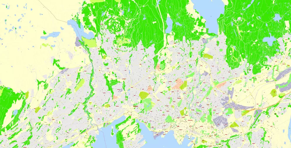 Printable Vector Map Oslo, Norway, G-View level 17 (100 m scale) street City Plan map, full editable, Adobe Illustrator