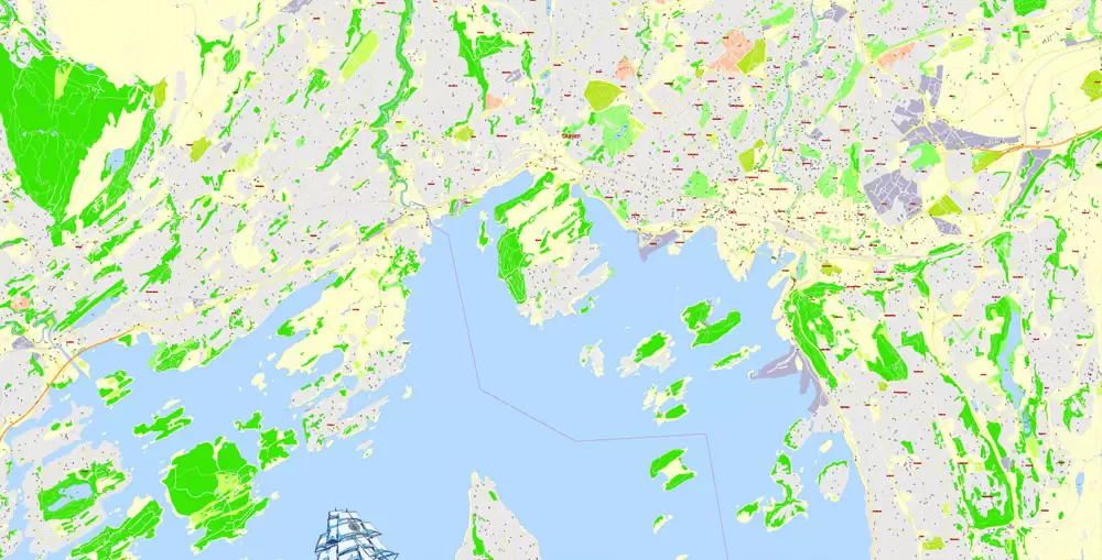 Printable Vector Map Oslo, Norway, G-View level 17 (100 m scale) street City Plan map, full editable, Adobe Illustrator