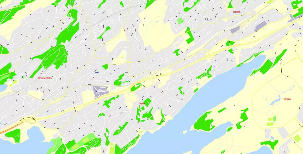 Printable Vector Map Oslo, Norway, G-View level 17 (100 m scale) street City Plan map, full editable, Adobe Illustrator