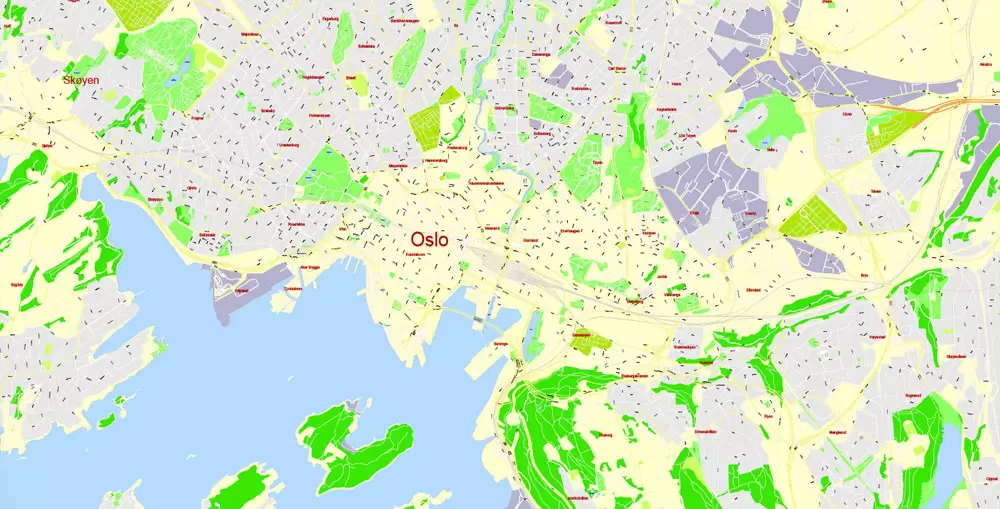 Printable Vector Map Oslo, Norway, G-View level 17 (100 m scale) street City Plan map, full editable, Adobe Illustrator