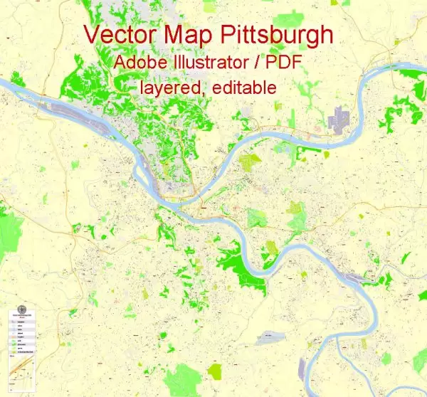 Printable Map Pittsburgh, Pennsylvania, US, exact vector Map street G-View City Plan Level 17 (100 meters scale) full editable, Adobe Illustrator