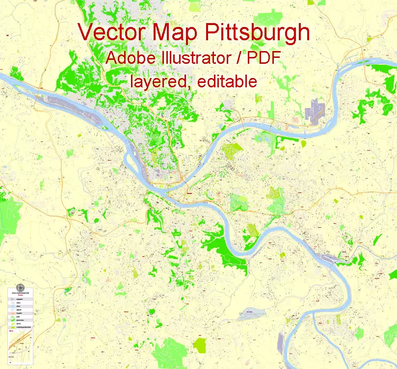 Printable Map Pittsburgh, Pennsylvania, US, exact vector Map street G-View City Plan Level 17 (100 meters scale) full editable, Adobe Illustrator