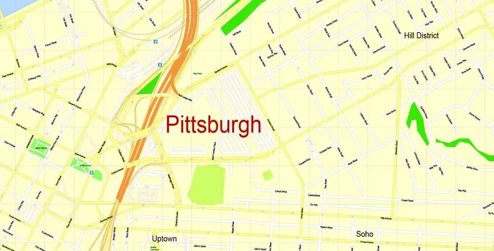Printable Map Pittsburgh, Pennsylvania, US, exact vector Map street G-View City Plan Level 17 (100 meters scale) full editable, Adobe Illustrator